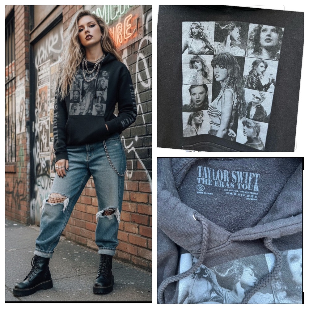 Taylor Swift‎ Eras Tour 2023 Concert Merch Hoodie Black Women Sz S Grunge Swifty